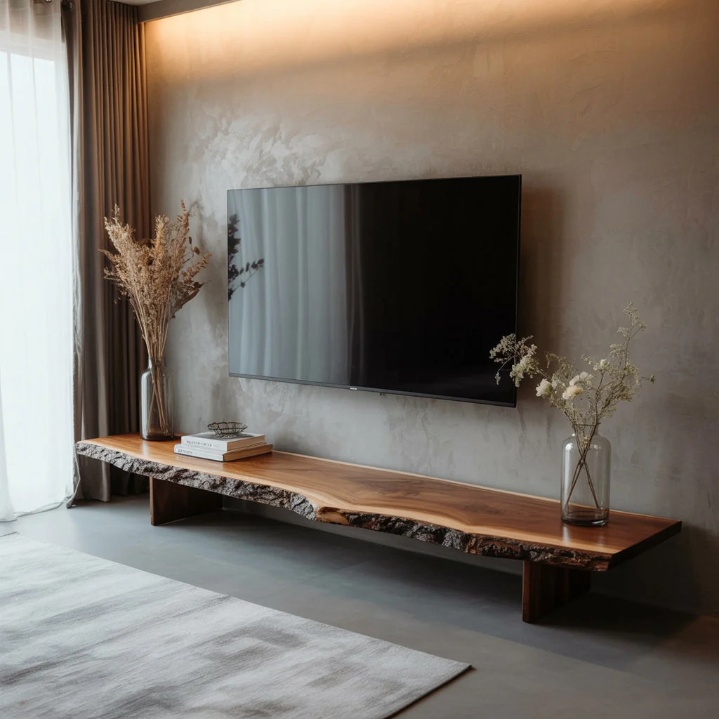 Rustieke Live Edge TV Kast – Massief Walnoothout Zwevende Console, Handgemaakt Houten Media Meubel