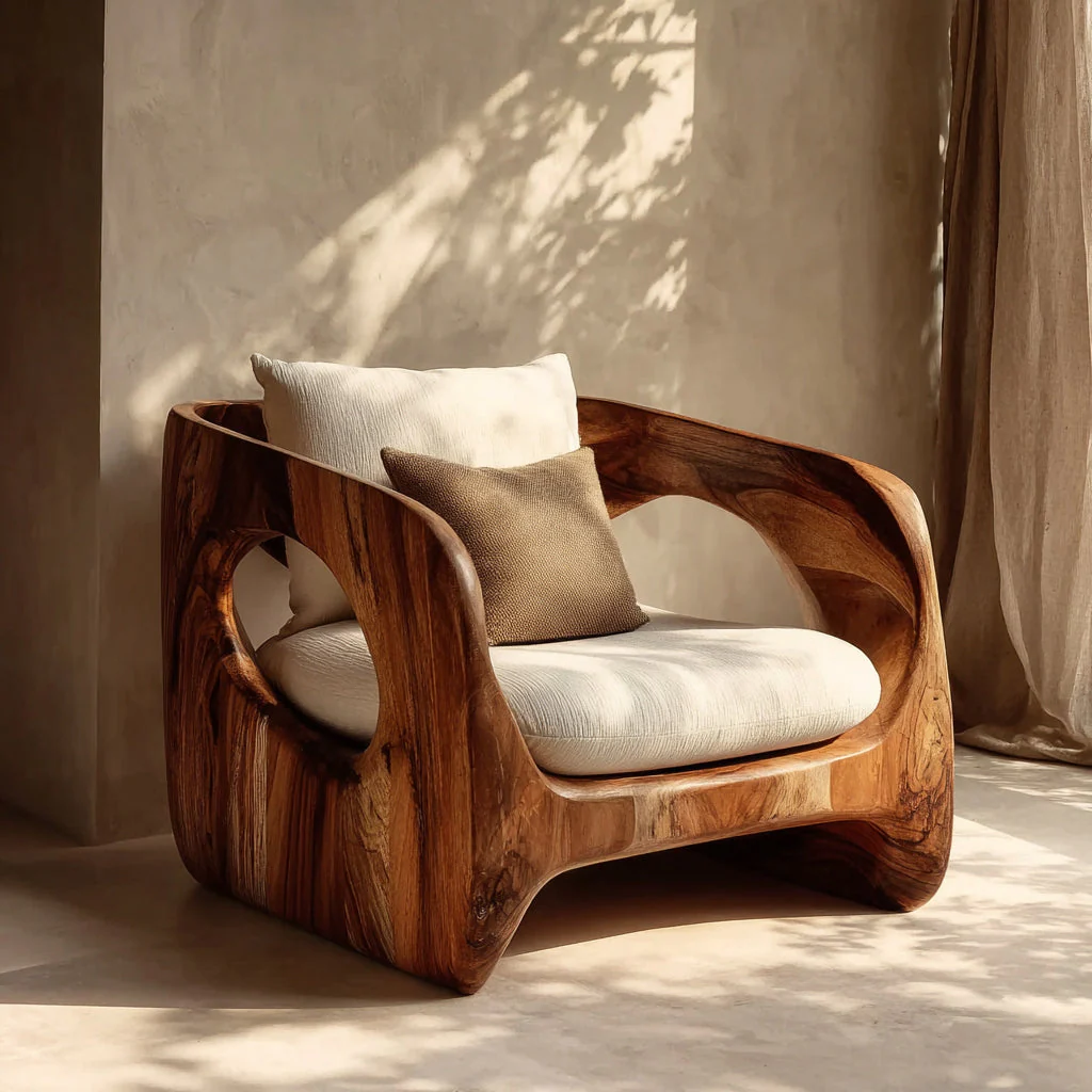 Handgemaakte Massief Houten Fauteuil – Organische Design Lounge Stoel