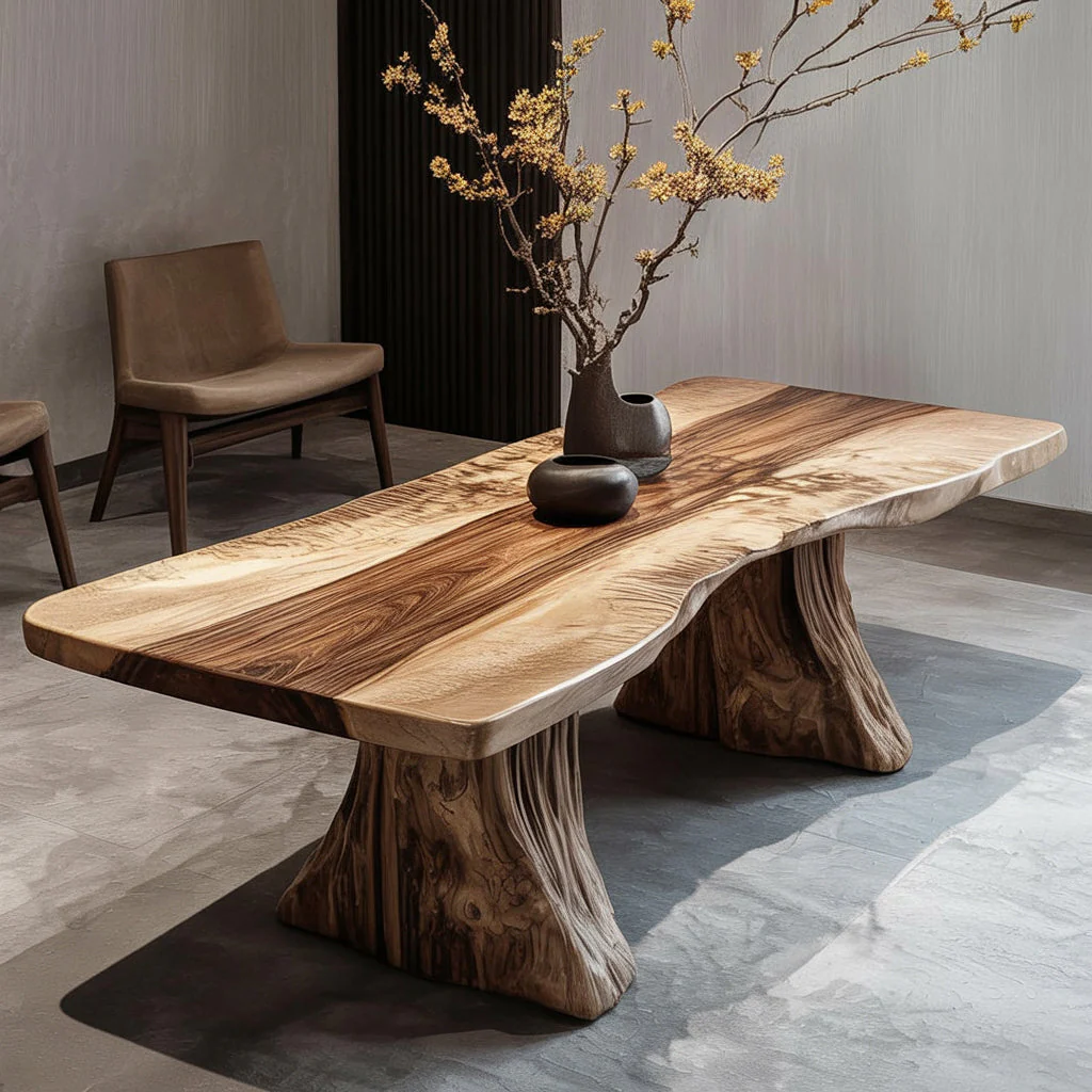 Live Edge Massief Houten Salontafel met Natuurlijke Boomstronk Basis – Organische Moderne Tafel
