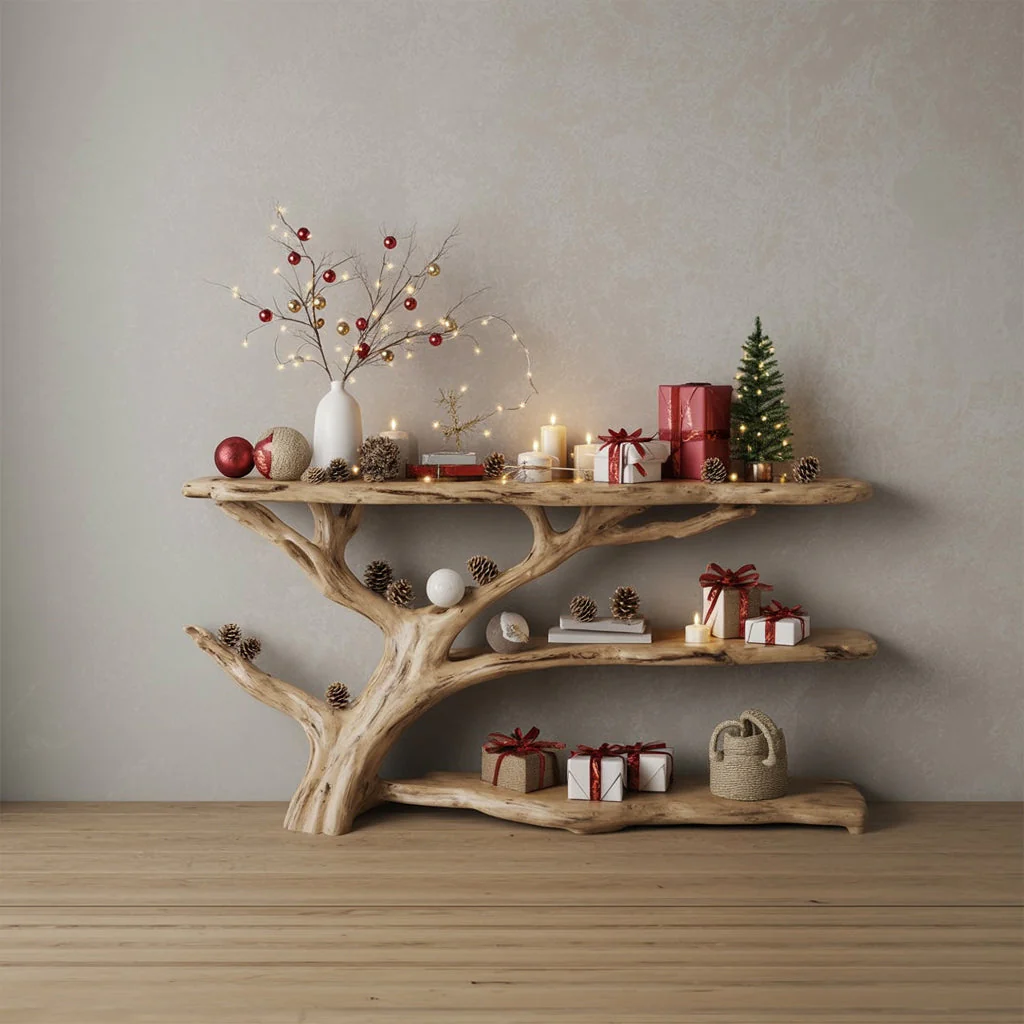 Smalle Consoletafel met Boomtak-Boekenkast – Rustieke Live Edge Tafel van Massief Hout