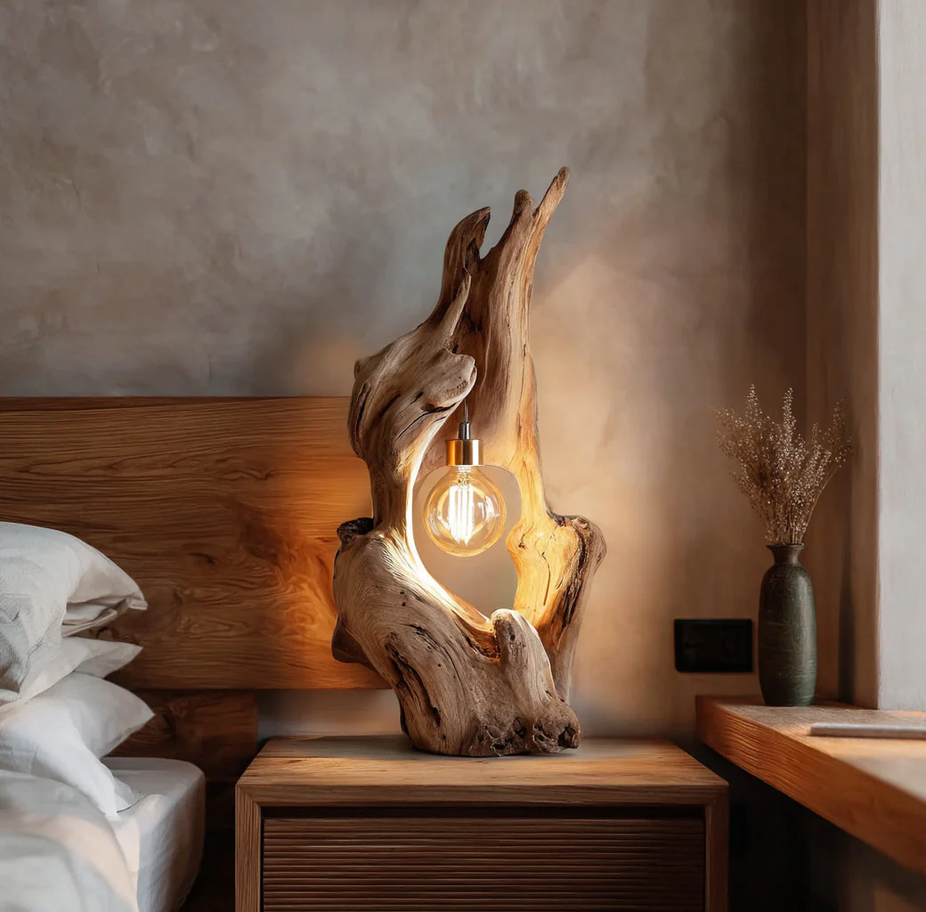 Rustieke Driftwood Tafellamp – Houten Handgemaakt, Sfeervolle Bedlamp