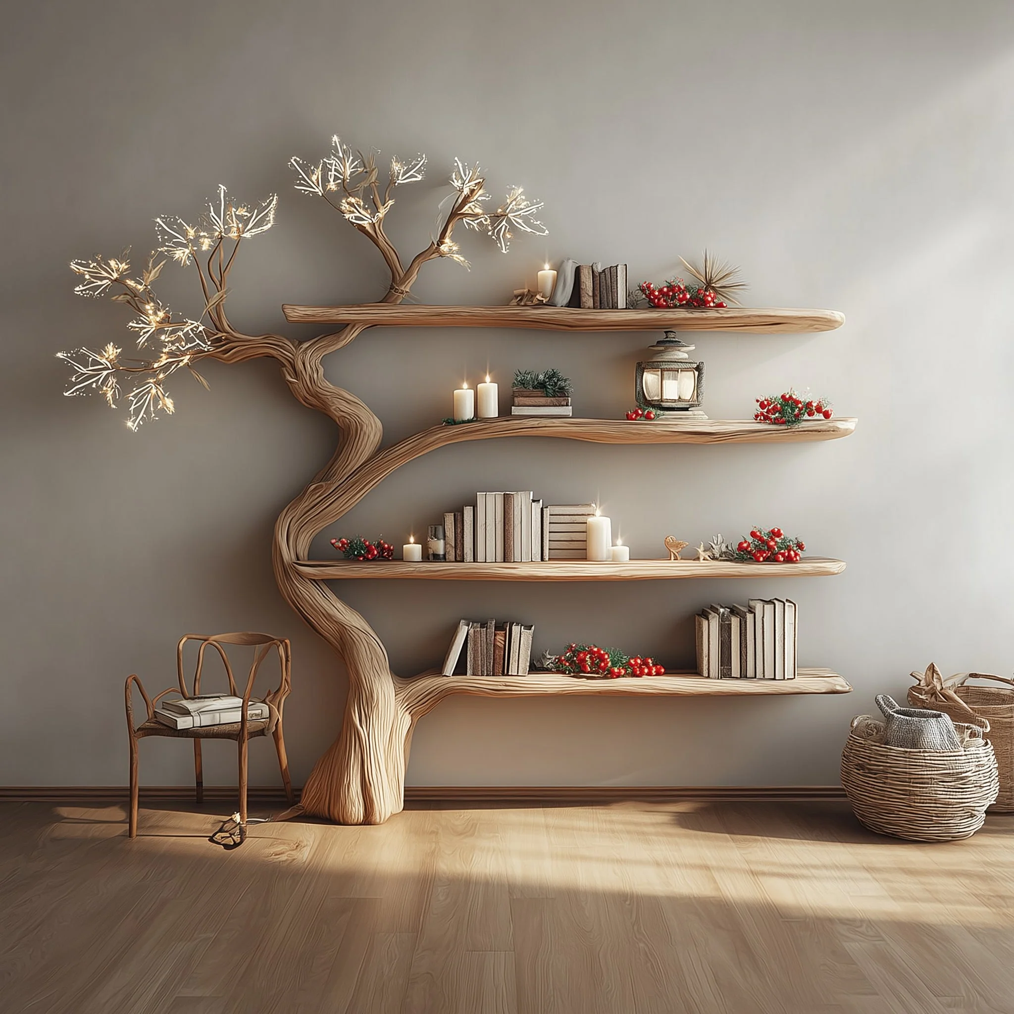 Handgemaakte Boom Boekenkast – Rustieke Houten Wandboekenkast voor Huisdecoratie
