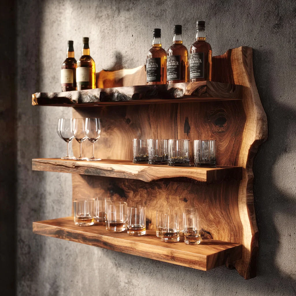 Drijvende Bar Wandplank met Boomstamrand – Handgemaakt van Massief Hout, Rustieke Woondecoratie