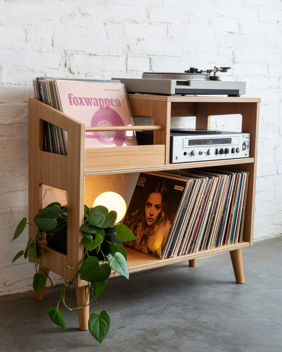 Mid-Century Modern Platenspelerstandaard met Vinylopslag – Massief Houten Platentafel