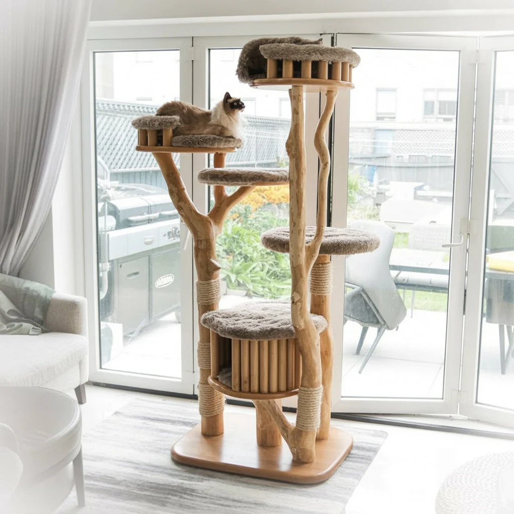 Luxe Houten Kattenboomtoren – Modern Kattencondo met Meerdere Niveaus en Krabpalen