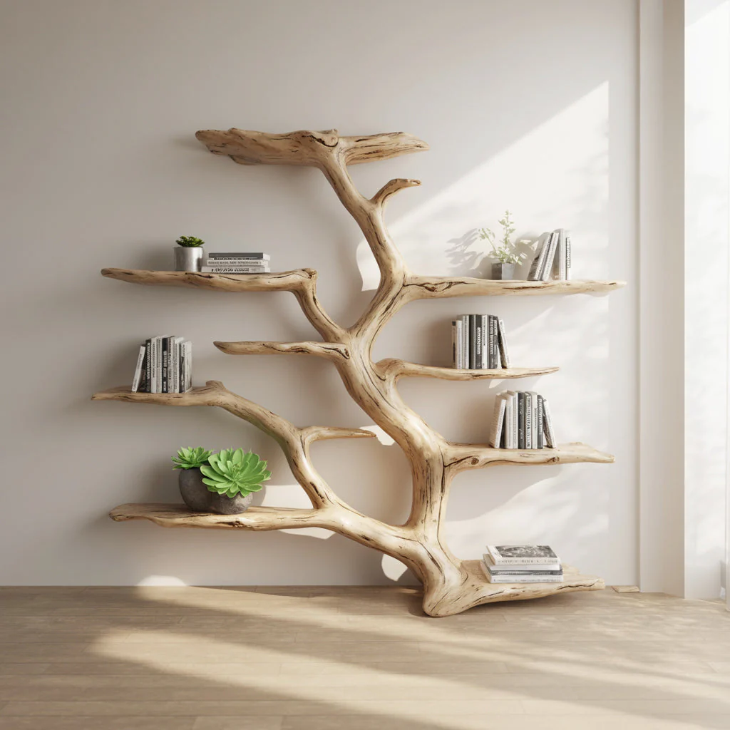 Handgemaakte Boom Boekenkast – Leefrand Houten Boekenkast, Rustieke Natuurlijke Wanddecoratie