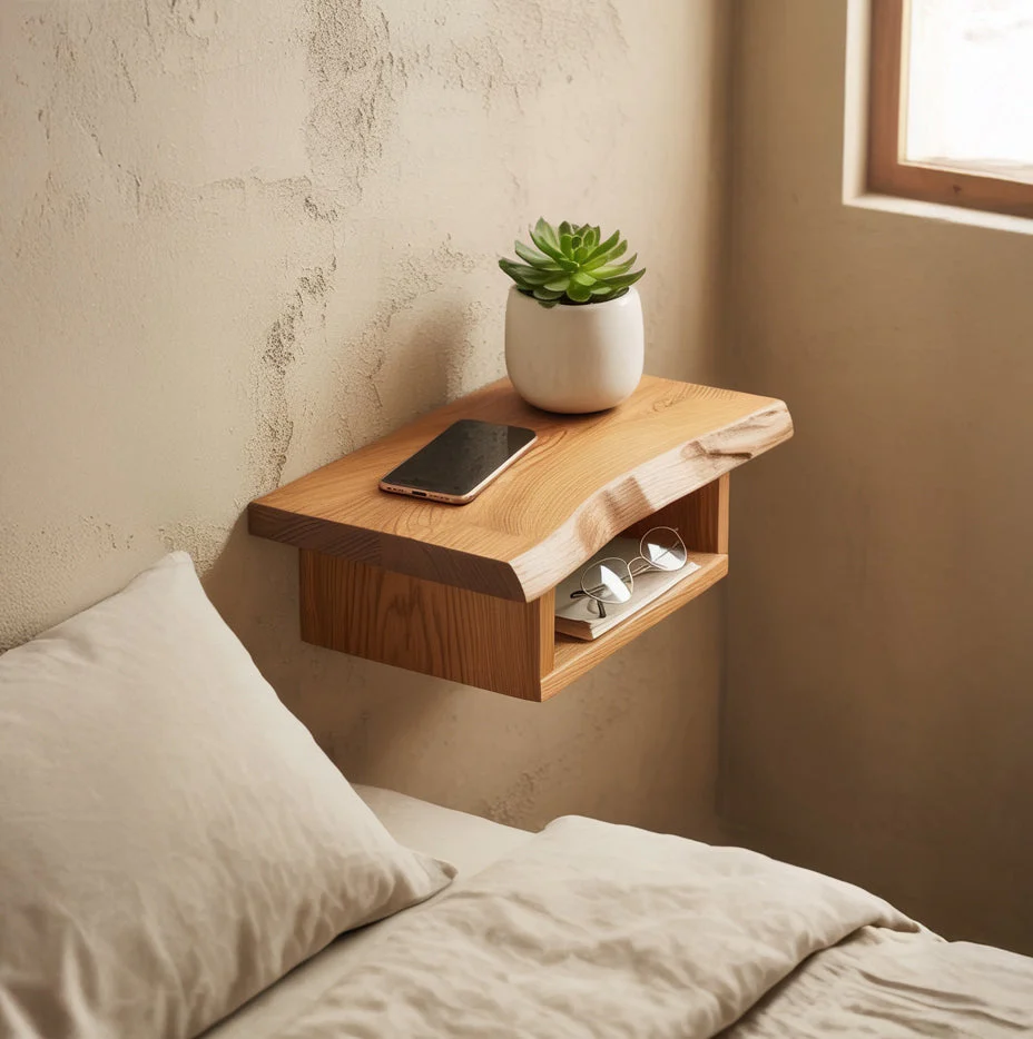 Handgemaakte Massief Houten Nachtkastje met Open Plank