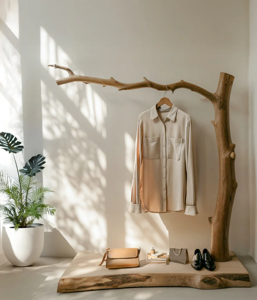 Handgemaakt Massief Houten Kledingrek – Staande Kapstok met Boomtak Design, Plank en Haken voor Entree of Slaapkamer