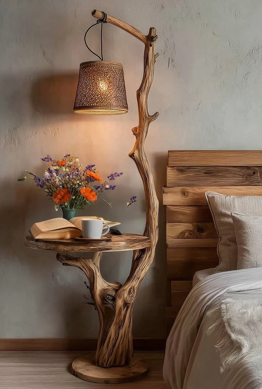 Handgemaakte Rustieke Driftwood Vloerlamp – Houten Staande Lamp met Planken