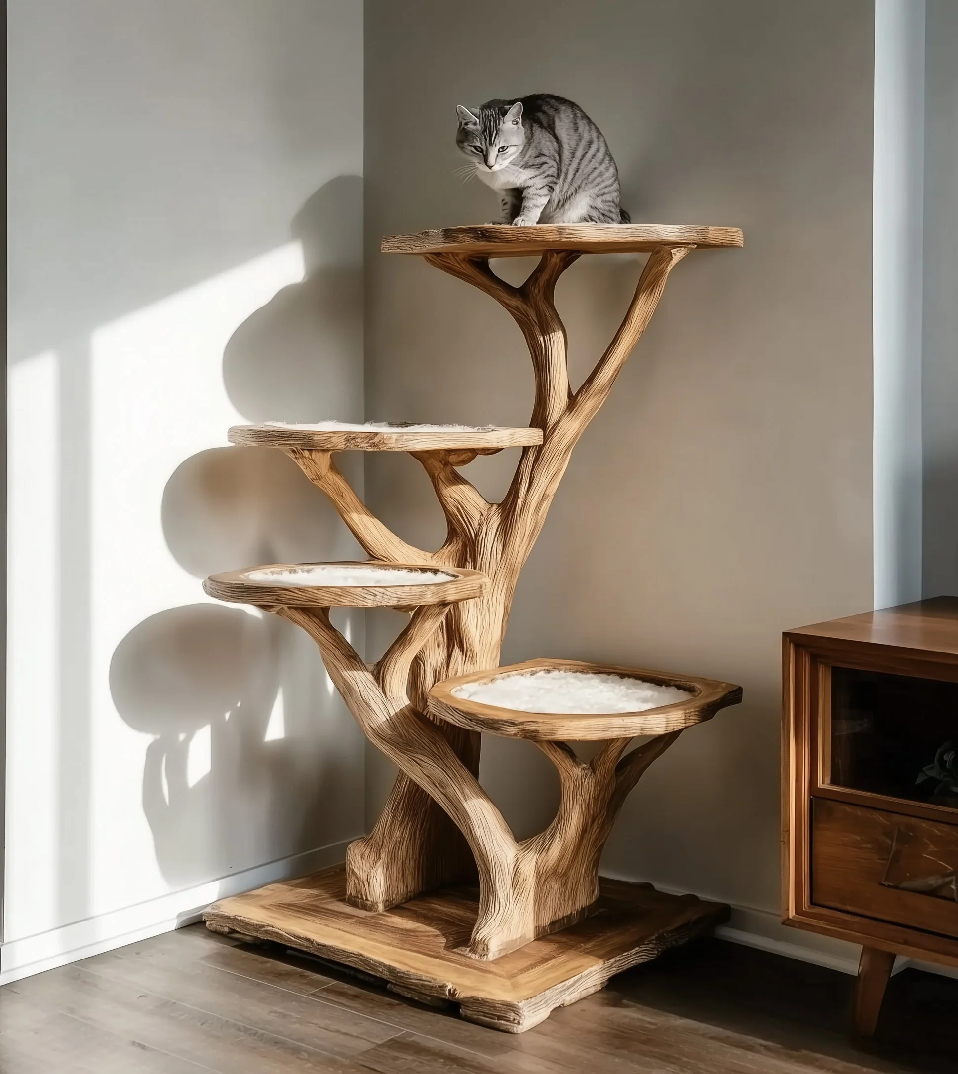 Natuurlijke Houten Kattentoren – Moderne Handgemaakte Grote Kattenboom met Planken