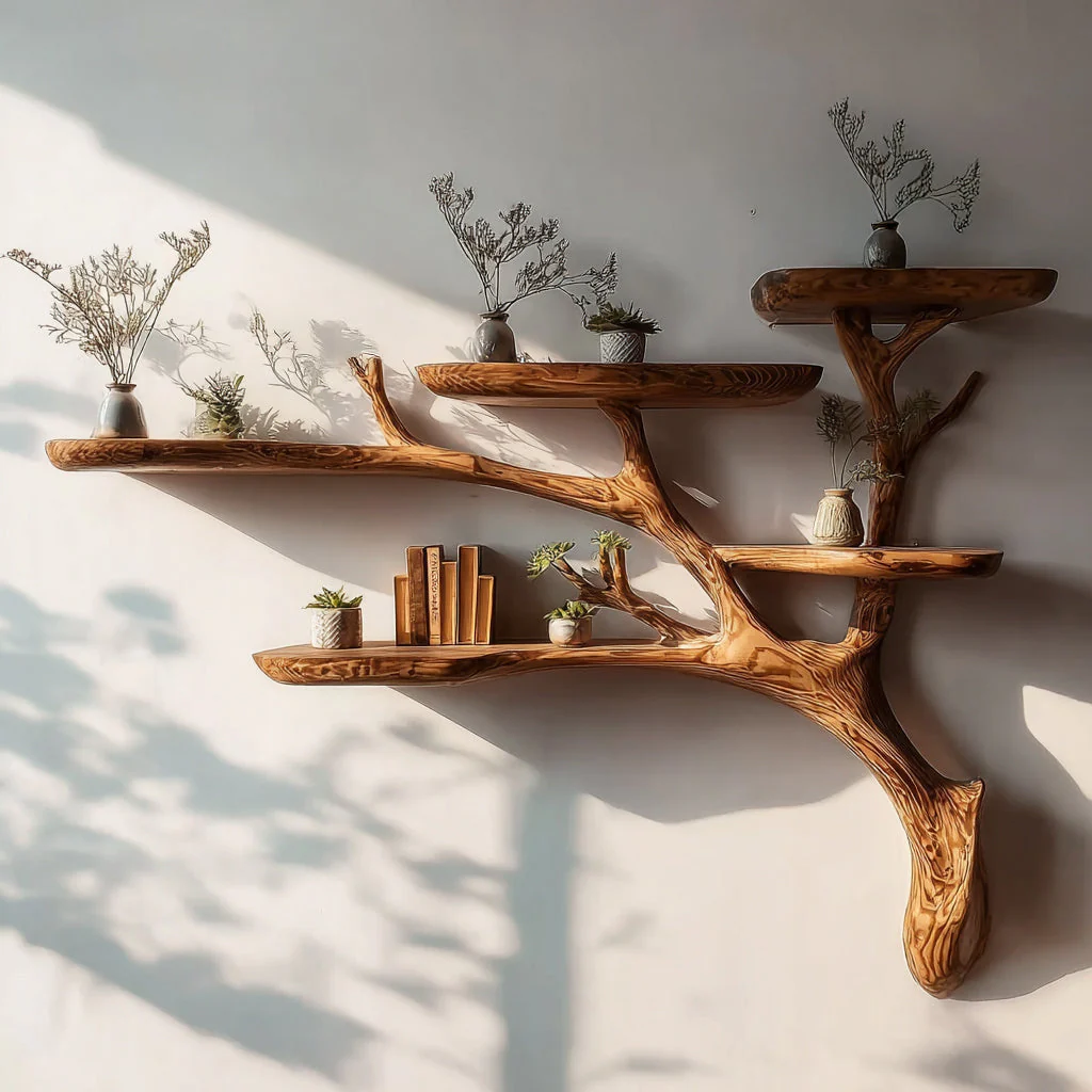 Driftwood Zwevende Plank – Rustieke Boomtak Wanddecoratie en Handgemaakte Boekenplank