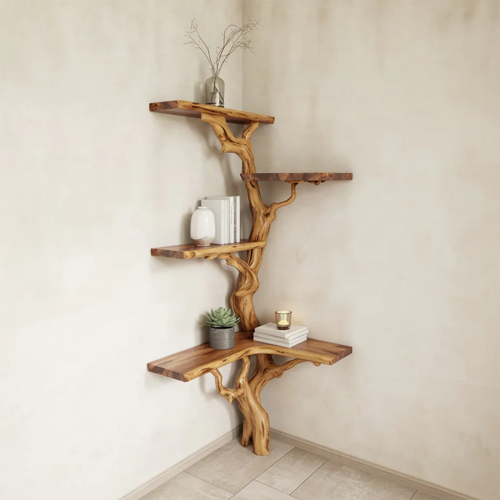 Hoek Boomtak Boekenkast – Live Edge Massief Houten Zwevende Plank