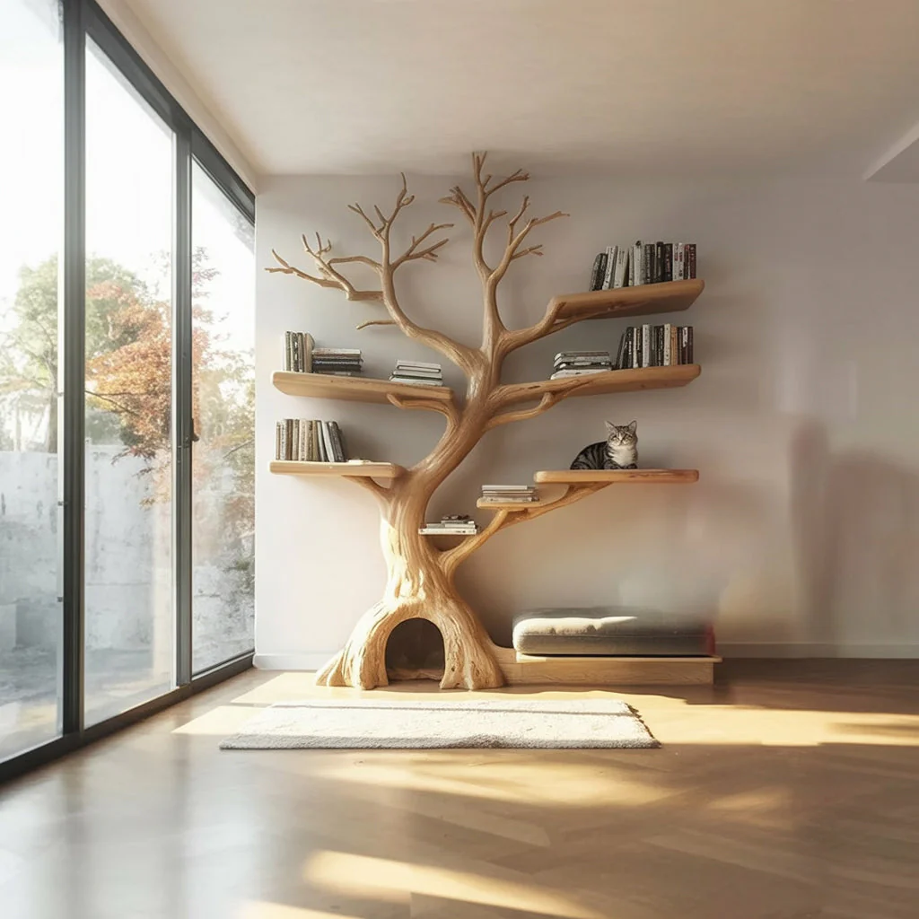 Boomvormige Houten Boekenkast met Kattenhuis – Handgemaakt Massief Houten Huisdiermeubel