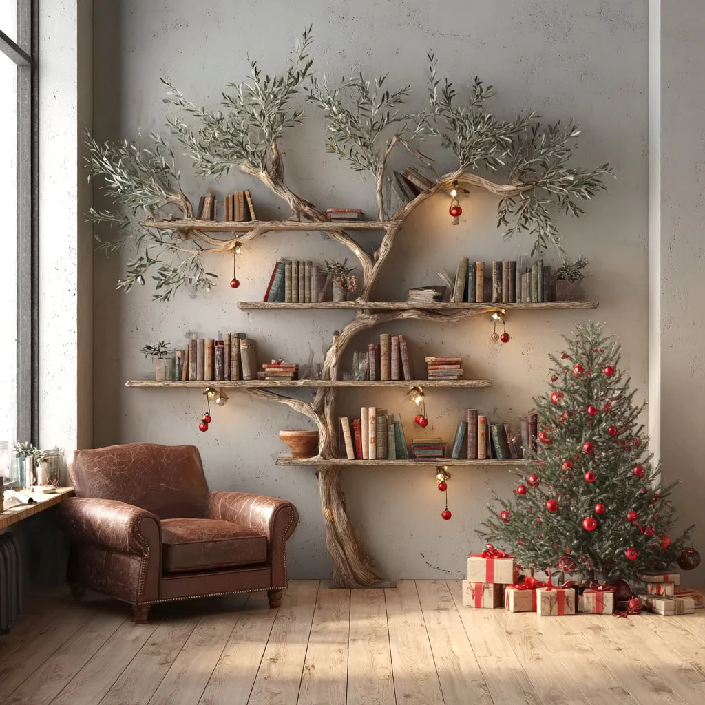Boomtak Boekenkast – Zwevende Houten Wandplank met Live Edge Ontwerp, Kerstdecoratie