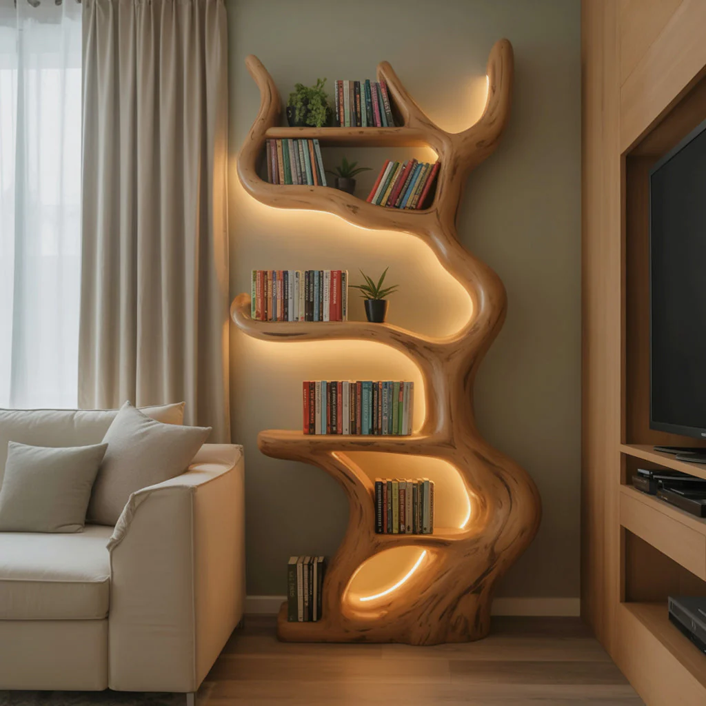 Rustieke Boom Boekenkast met Leefrand – Op Maat Gemaakte Zwevende Wandplank van Hout