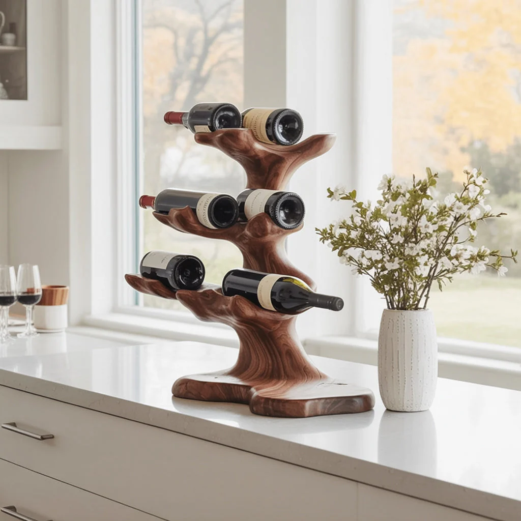 Handgemaakt Walnoot Wijnrek – Moderne Houten Wijnfleshouder voor Thuisbar