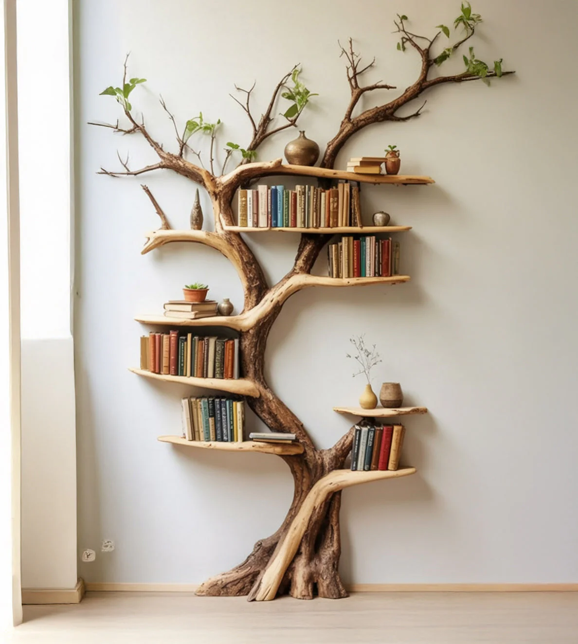 Boomtak Boekenkast – Massief Houten Live Edge Zwevende Hoekplank, Unieke Boekenkast