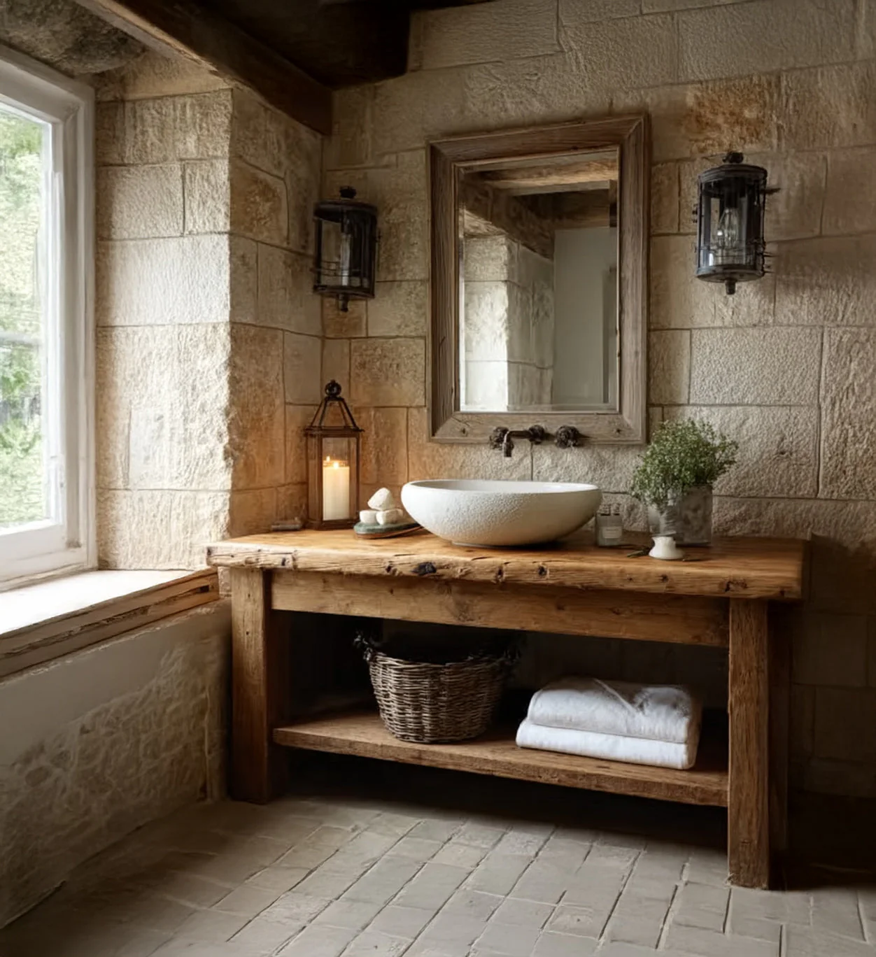 Rustiek Massief Houten Badkamermeubel – Handgemaakt Farmhouse Kast met Live-Edge Plank