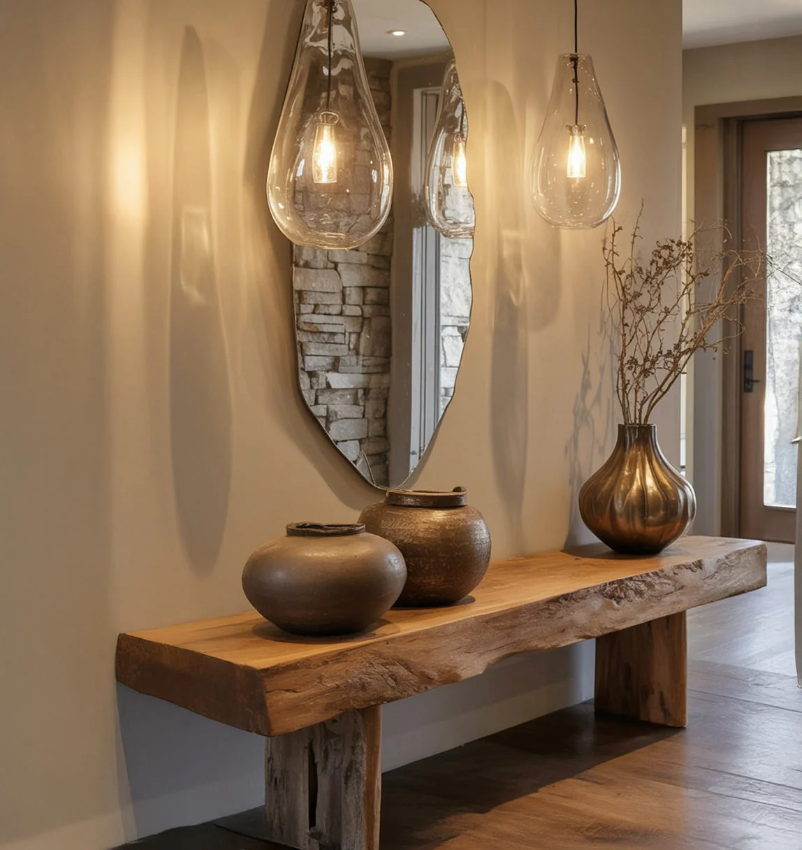 Handgemaakte Live Edge Massief Houten Halbank – Rustiek Schoenenrek & Halmeubel