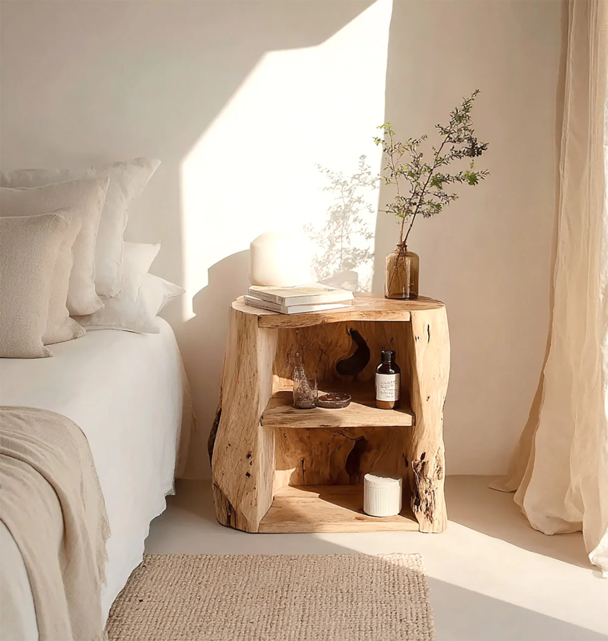 Handgemaakt Nachtkastje met Lade – Rustiek Natuurlijk Houten Bedside Table