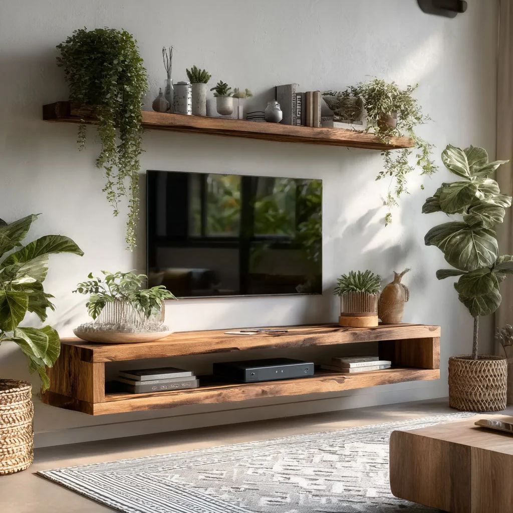 Moderne Live Edge Zwevende TV Console – Handgemaakt Massief Houten Wandgemonteerd Media Meubel
