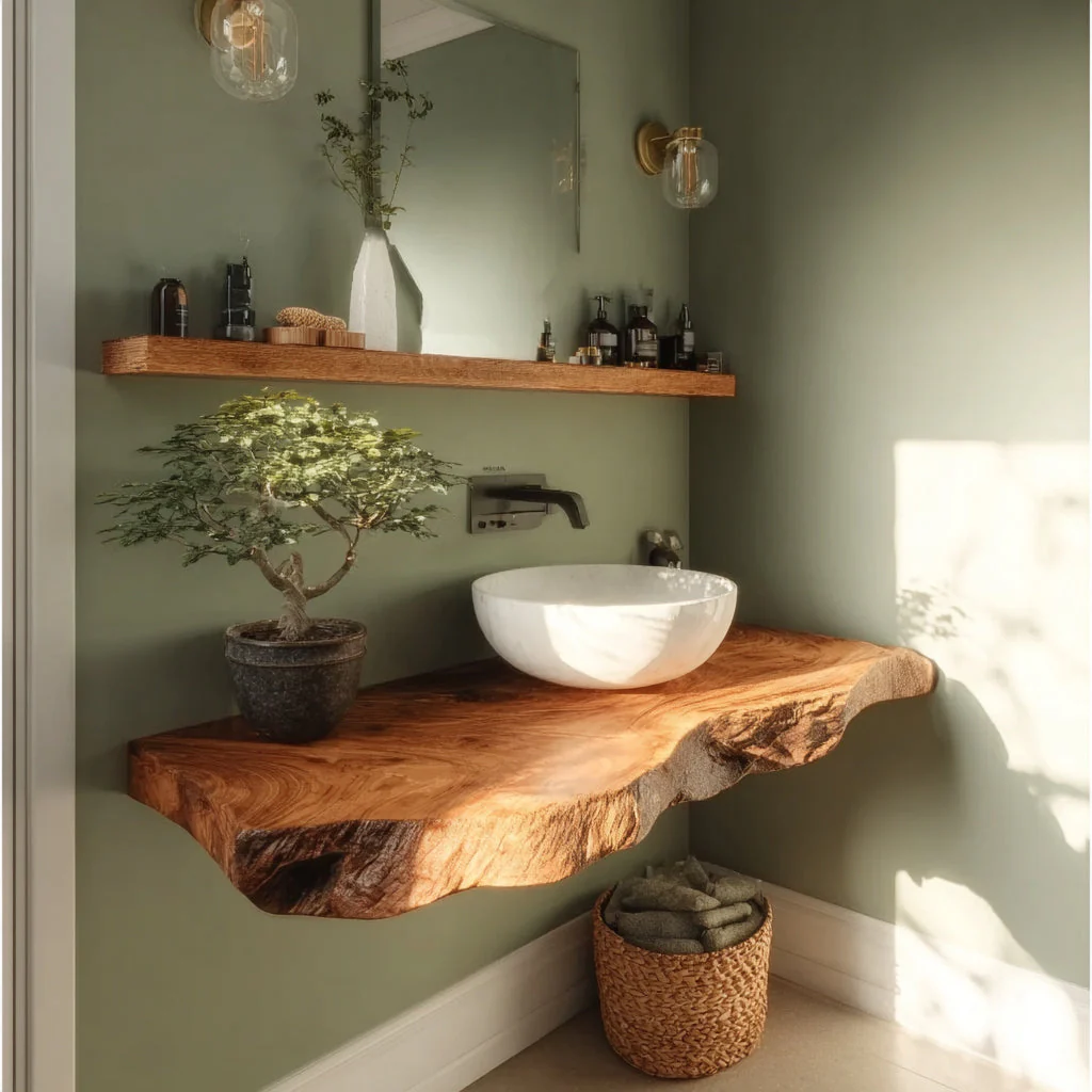 Rustiek Live Edge Badkamerblad van Massief Hout – Zwevende Wastafelplank