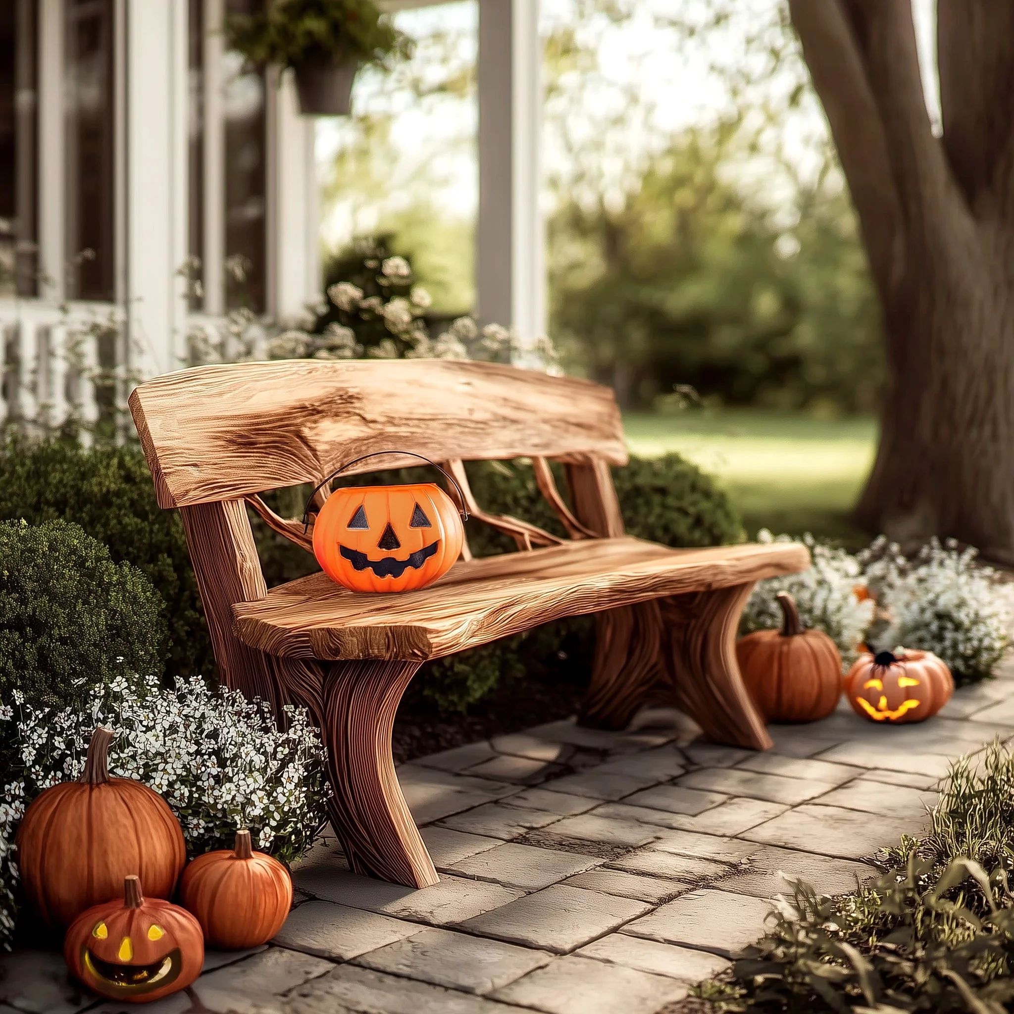 Rustieke Live Edge Buitenbank – Gebogen Houten Tuinbank voor Patio of Terras