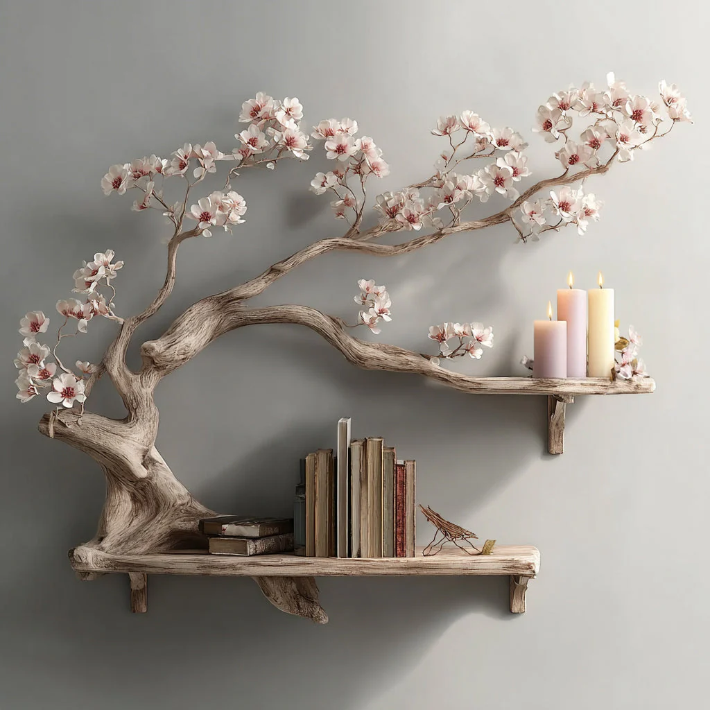 Handgemaakte Drijfhout Boom Boekenkast – Wandgemonteerde Rustieke Opberg- & Displayplank