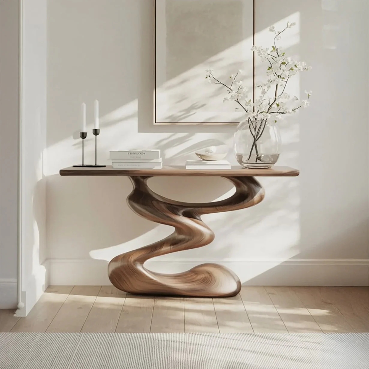 Ambachtelijke Massief Houten Consoletafel met Gebogen Sculpturale Voet