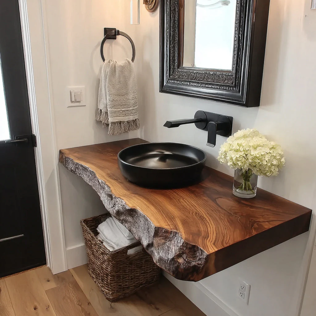 Handgemaakte Badkamermeubel van Live Edge Hout – Rustieke Zwevende Wastafelplank