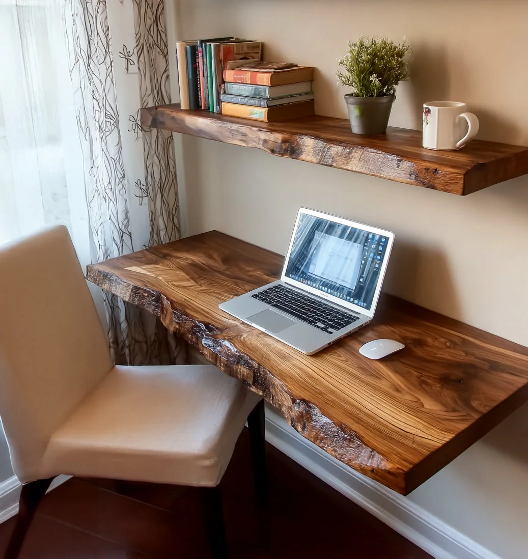 Handgemaakt Zwevend Bureau – Rustieke Live Edge Plank, Boerderijstijl Wandbureau met Beugels