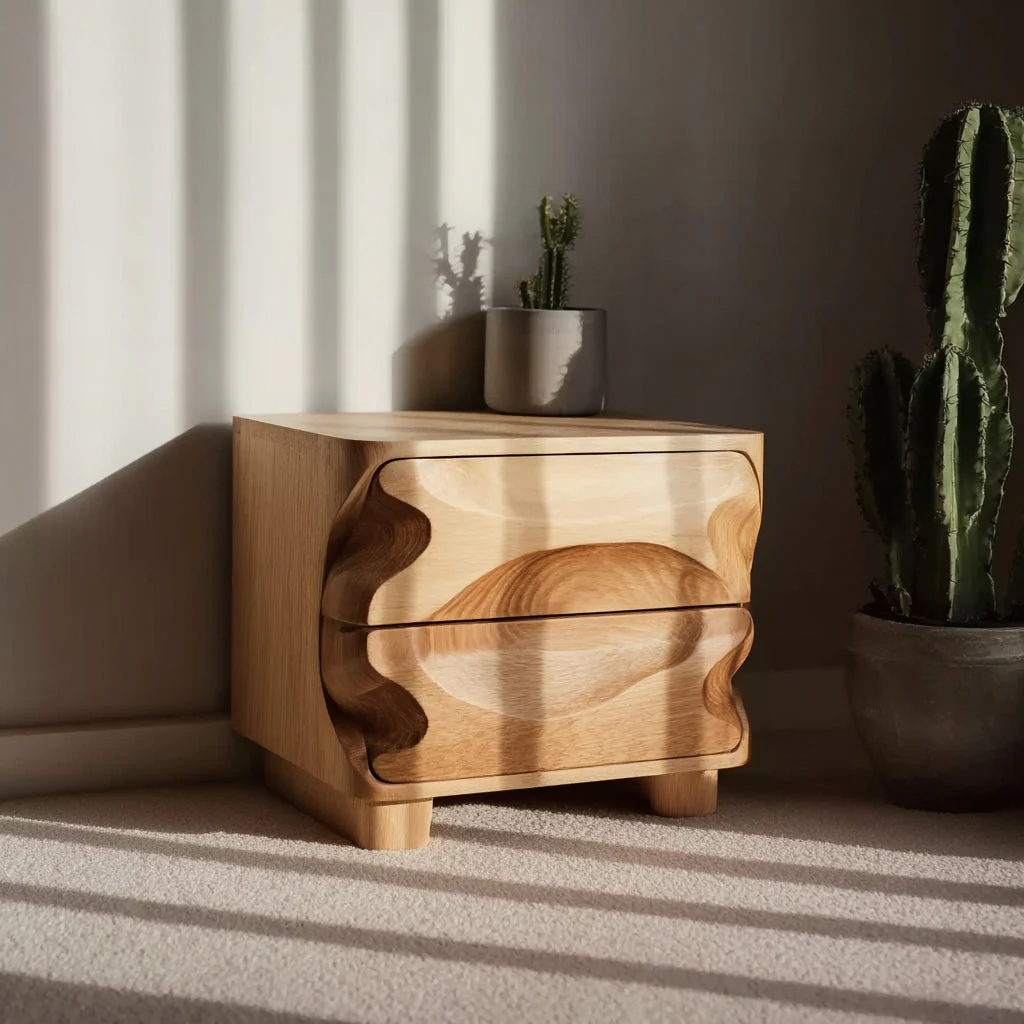 Modern Nachtkastje met Golvende Vorm – Massief Houten Bijzettafel met Handgesneden Lade