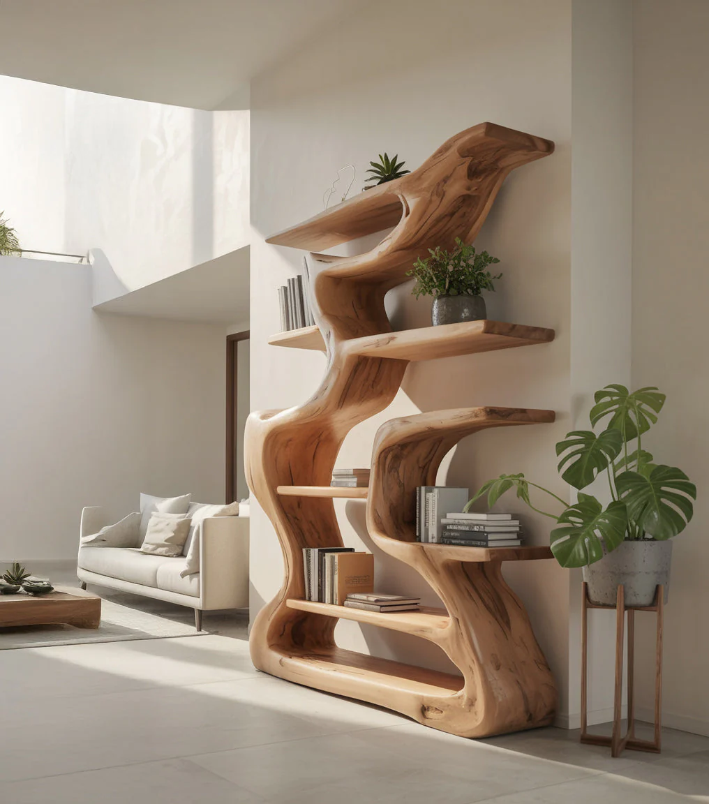 Artistieke Houten Boekenkast – Handgemaakt Sculpturaal Gebogen Plank voor Moderne Woondecoratie
