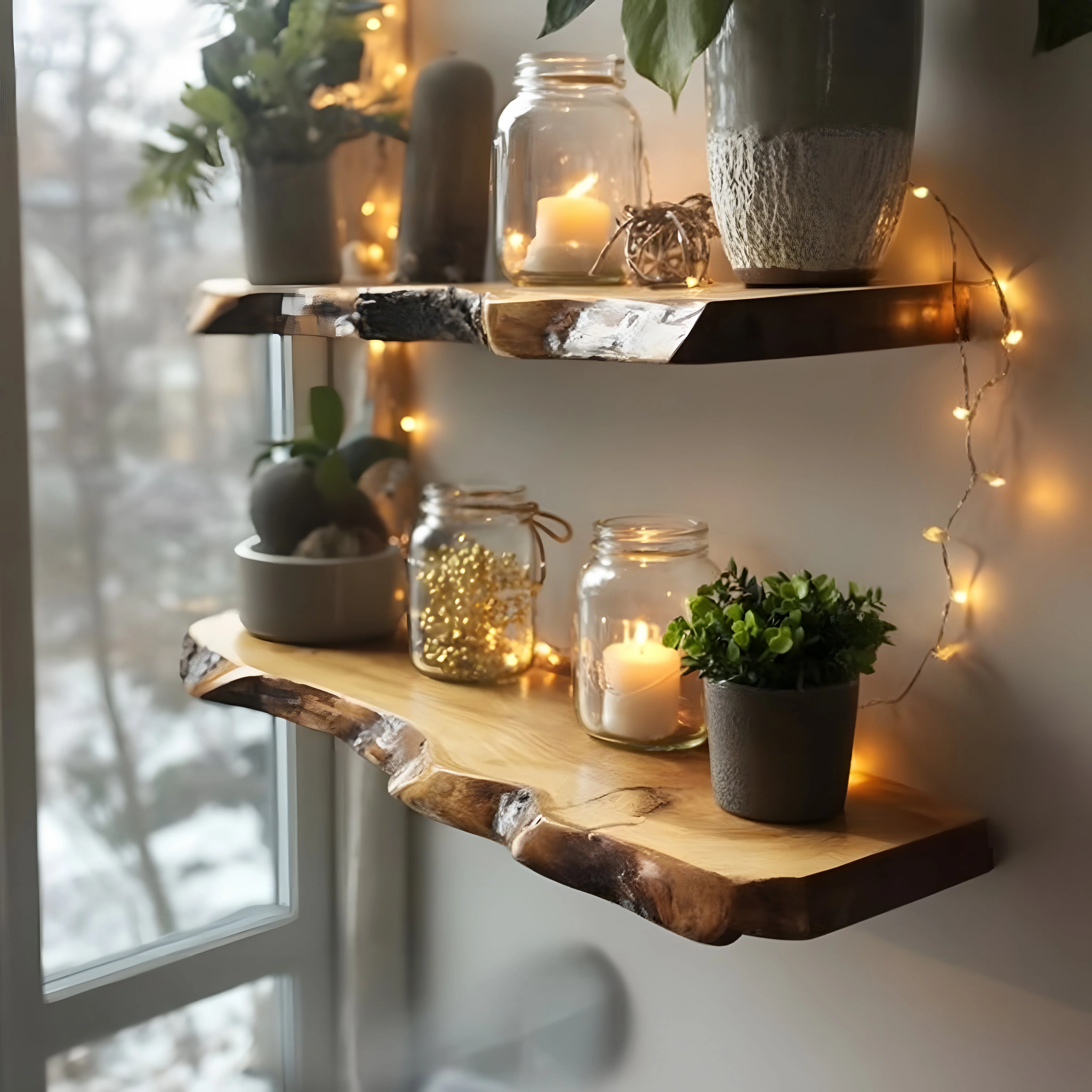 Zwevende Wandplanken met Live Edge – Landelijke Stijl voor Kerstdecoratie