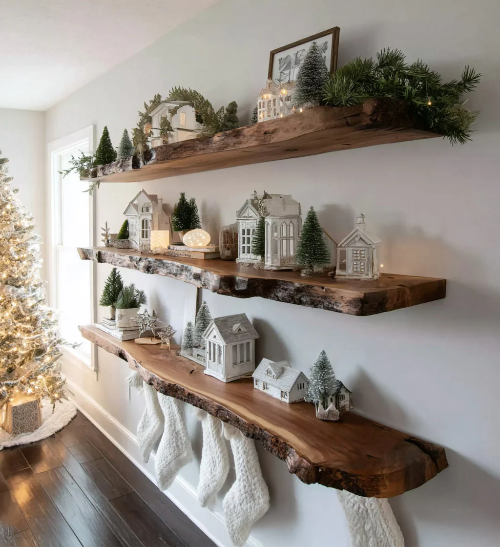 Handgemaakt Massief Houten Zwevende Planken – Live Edge Rustiek Wandmeubel voor Kerstdecoratie
