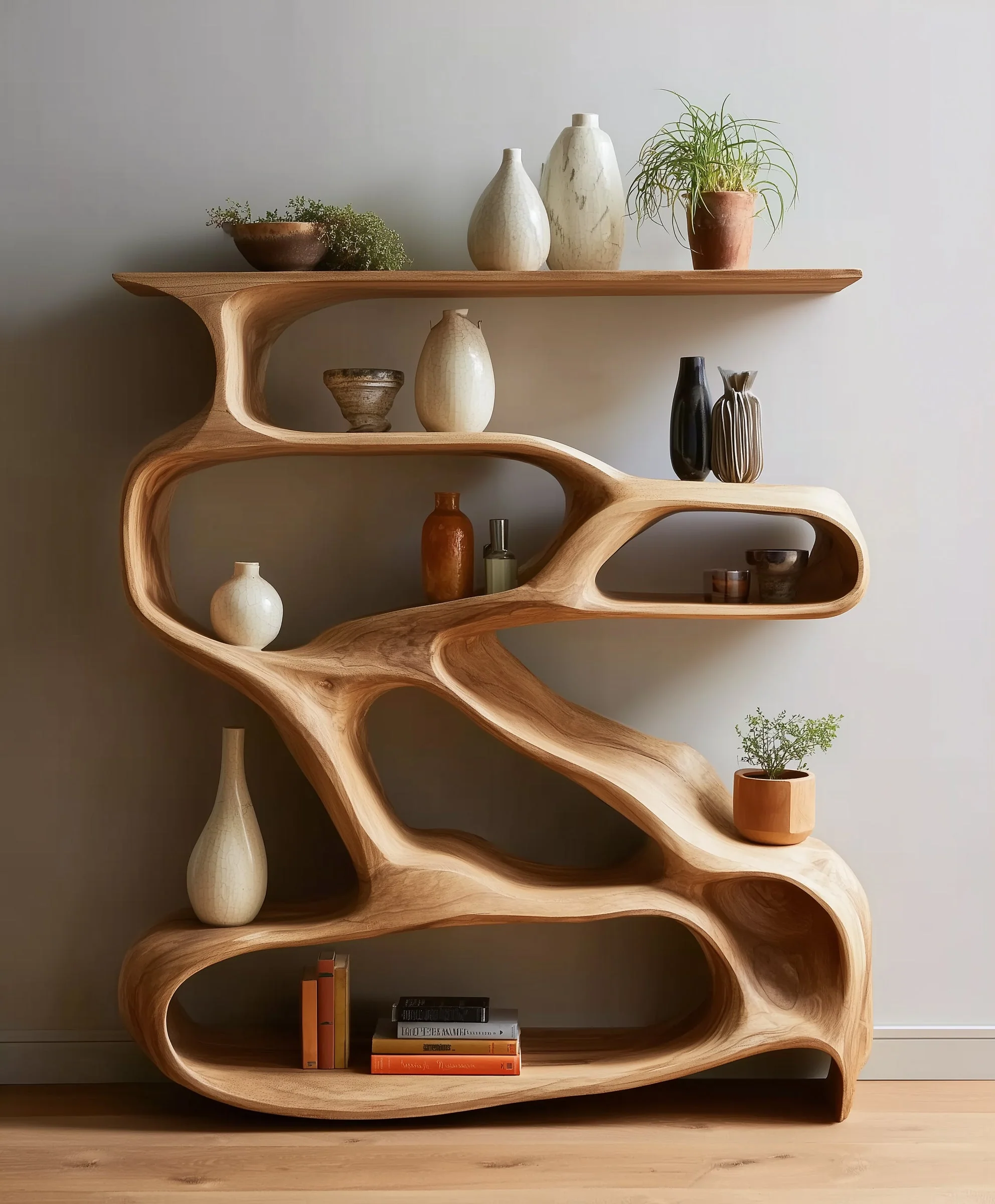 Handgemaakte Massief Houten Boekenkast – Organische Displayplank voor Woonkamer of Kantoor