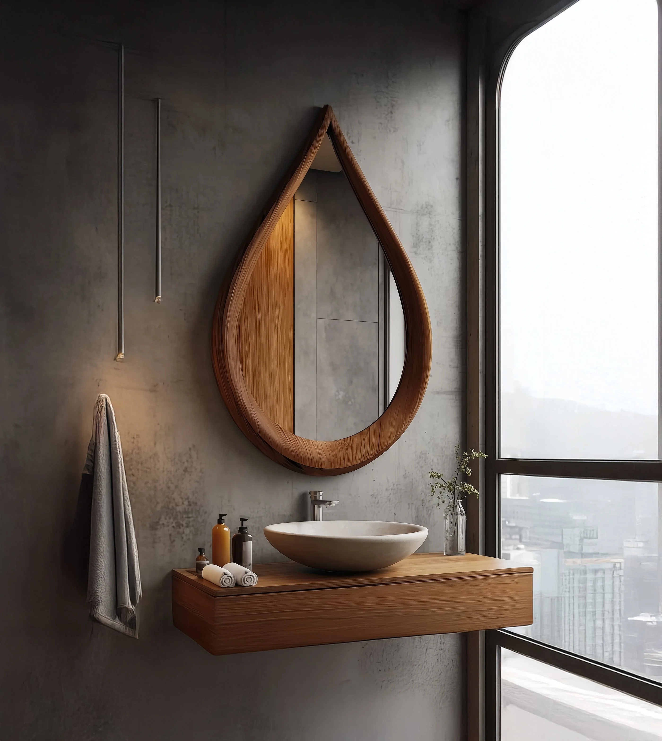Handgemaakte Houten Wandspiegel – Druppelvormig Design