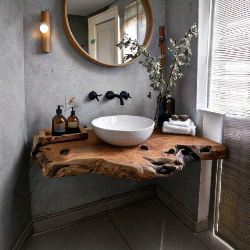 Handgemaakt Rustiek Zwevend Badmeubel – Custom Live Edge Plank met Natuurlijke Wastafeleenheid, Massief Houten Badkamerdecoratie
