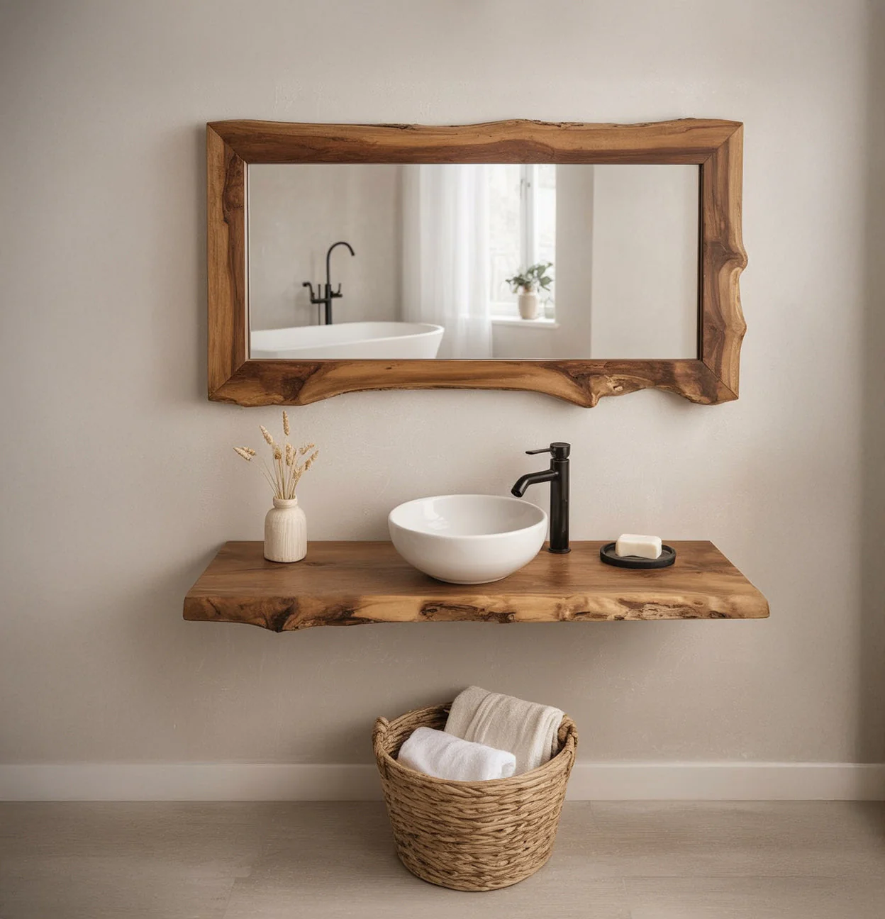 Massief Houten Zwevende Wandplank – Unieke Badkamer Decoratie