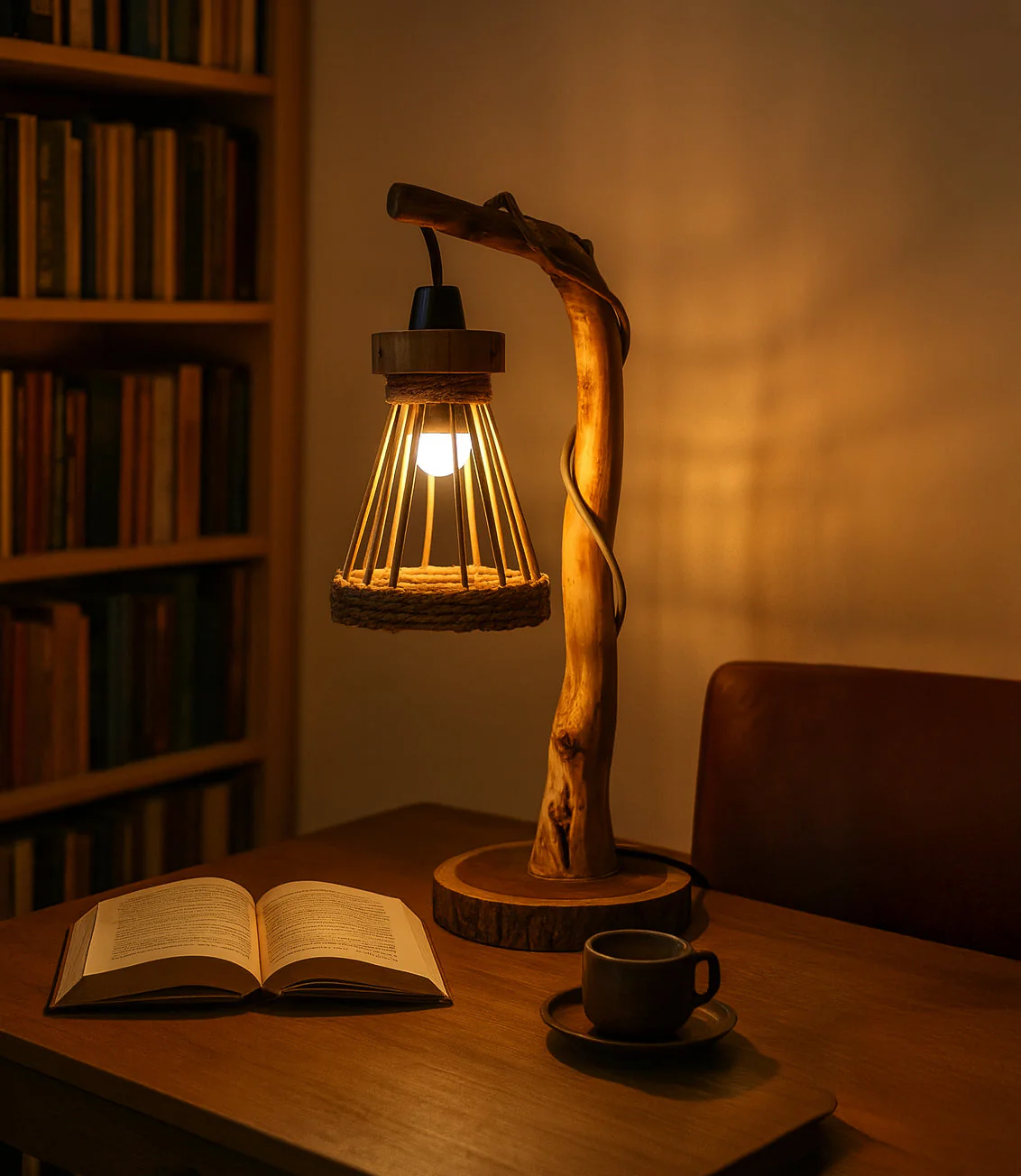 Rustieke Driftwood Vloerlamp – Boomtak Staande Lamp met Rotan Kap