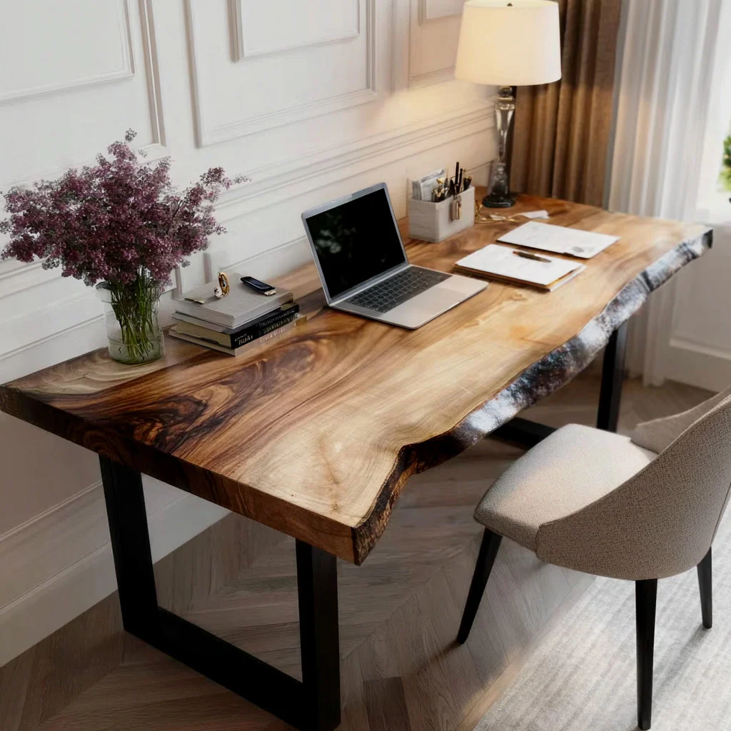 Live Edge Bureau – Massief Houten Kantoorbureau met Opbergruimte, Modern Computerbureau