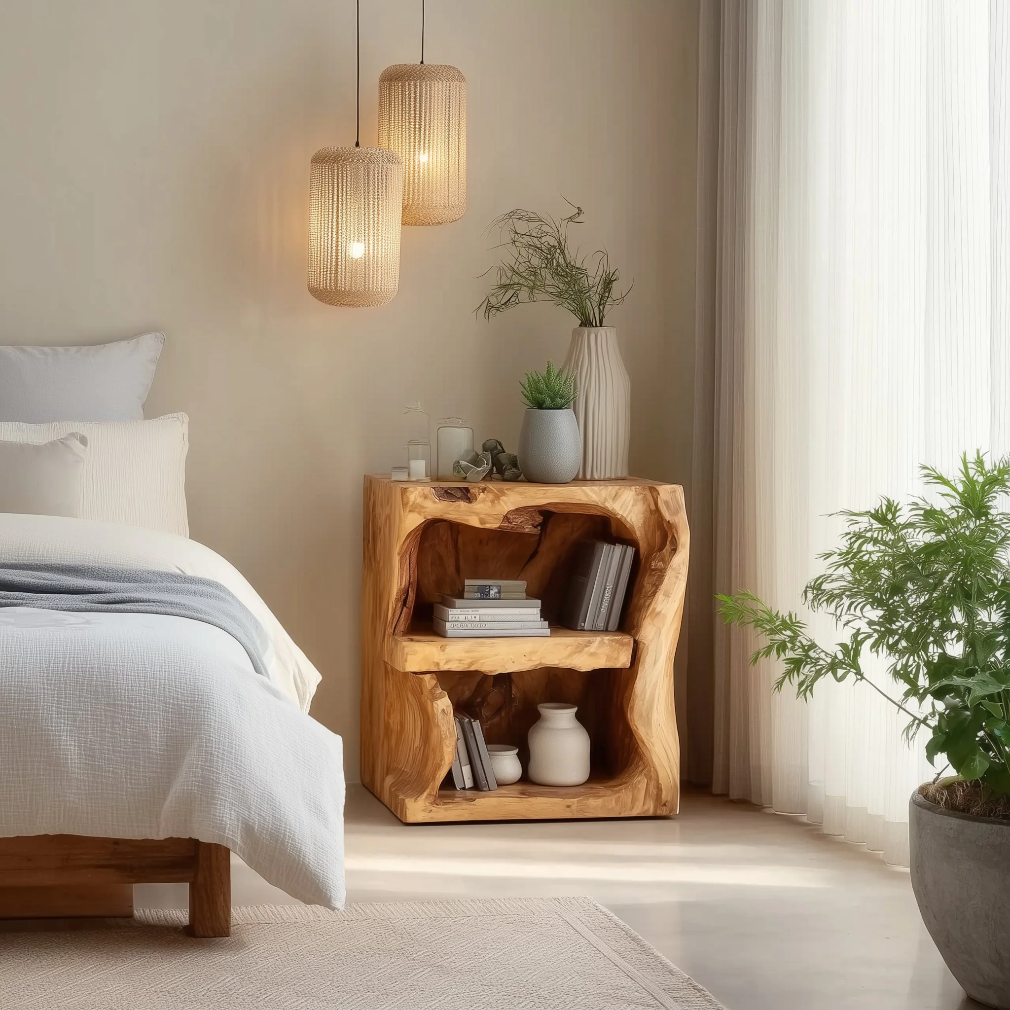 Handgemaakte Nachtkastje met Lade – Rustieke Natuurlijke Houten Bijzettafel voor Slaapkamer