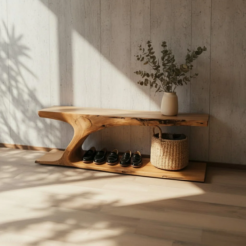Handgemaakte Houten Bank met Live Edge – Natuurlijke Schoenenopslag voor Hal of Entree