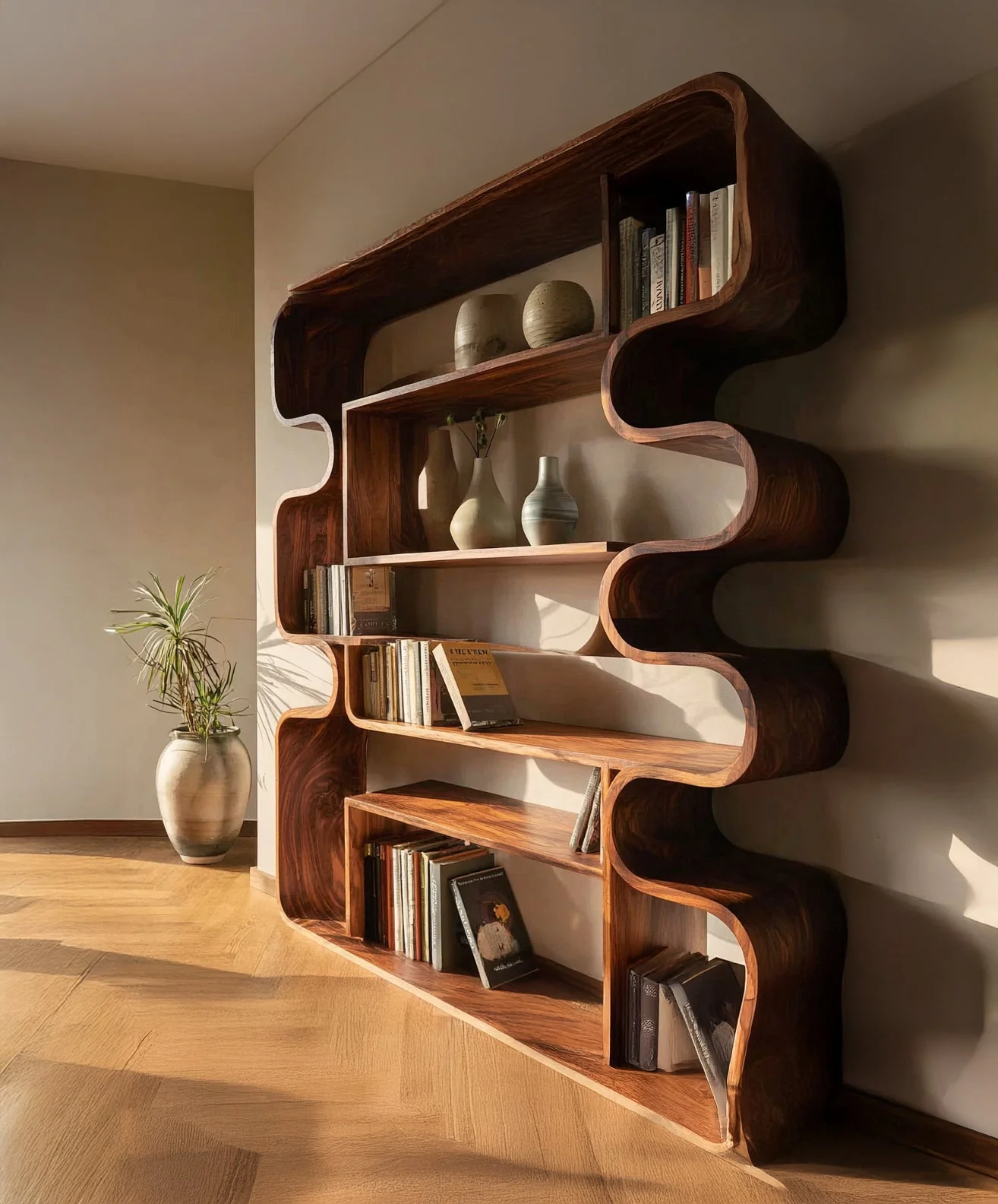 Moderne Houten Boekenkast met Sculpturaal Gebogen Ontwerp – Hedendaagse Displayplank