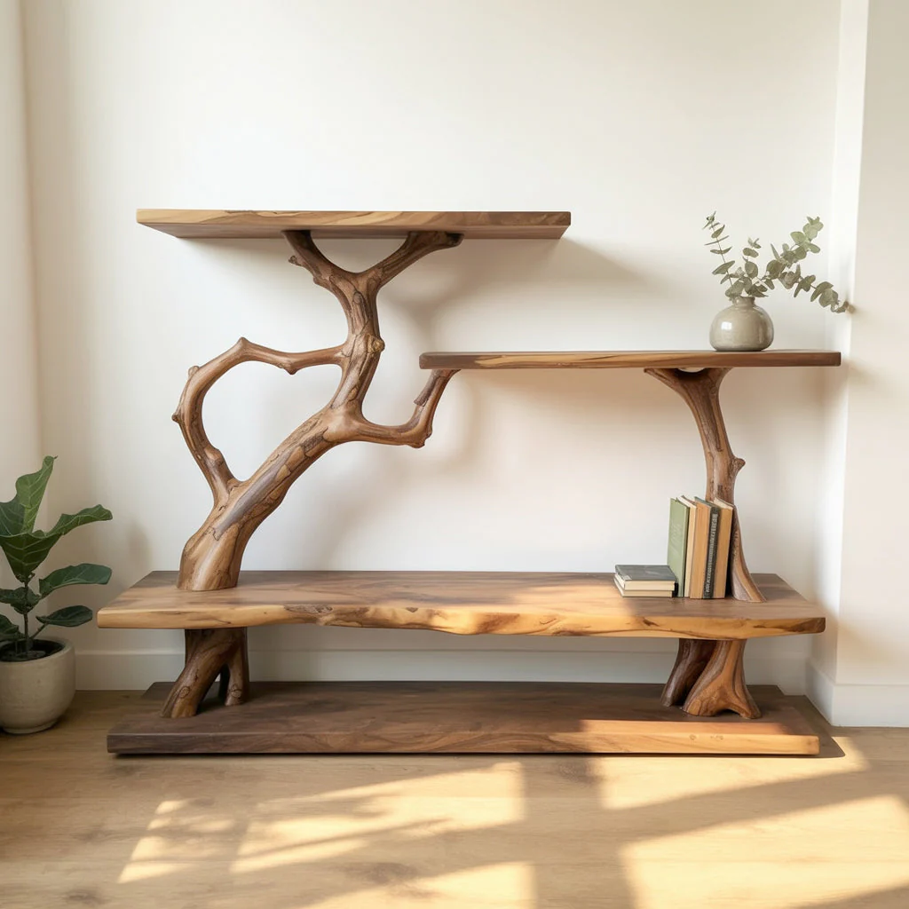 Handgemaakt Massief Houten Sidetable – Rustiek Live Edge Smal Meubel met Planken voor Entree