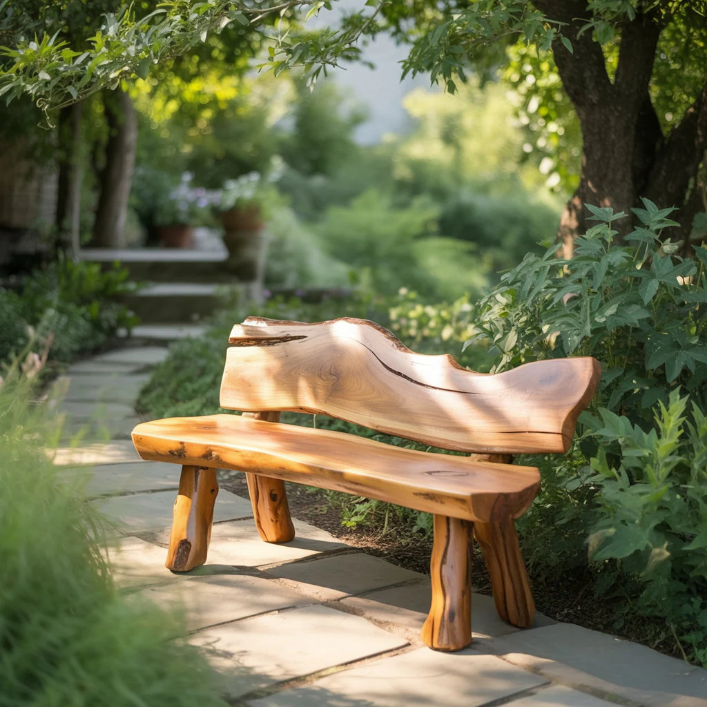 Live Edge Houten Buitenbank met Rugleuning – Handgemaakt Rustiek Terrasmeubel