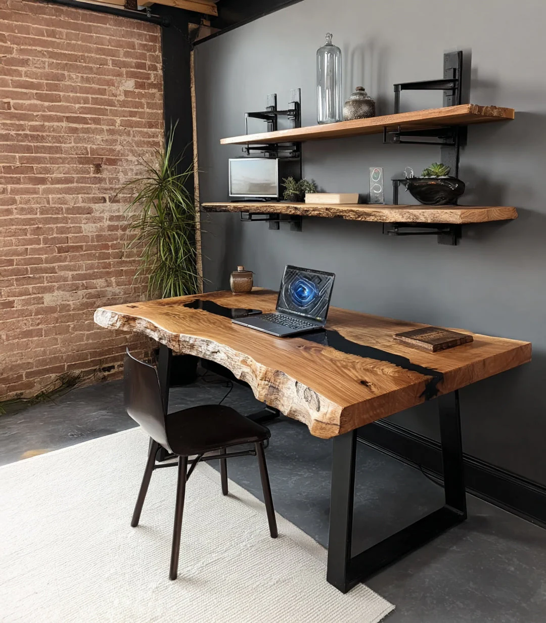 Handgemaakt Live Edge Epoxy Bureau – Massief Houten Bureautafel met Resin River