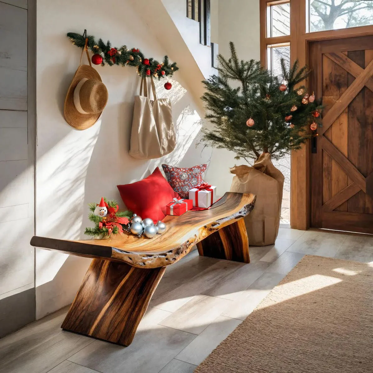 Handgemaakt Live Edge Massief Houten Bankje – Rustiek Meubel voor Entree of Hal