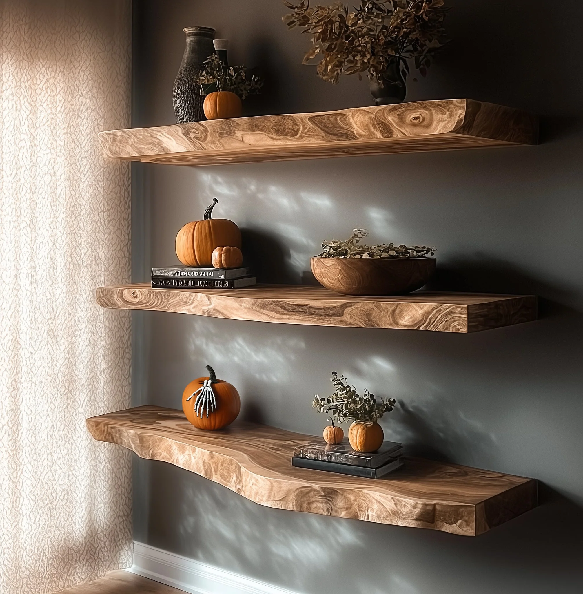 Handgemaakt Massief Houten Zwevende Plank – Live Edge Rustiek Wandmeubel voor Keuken of Bar