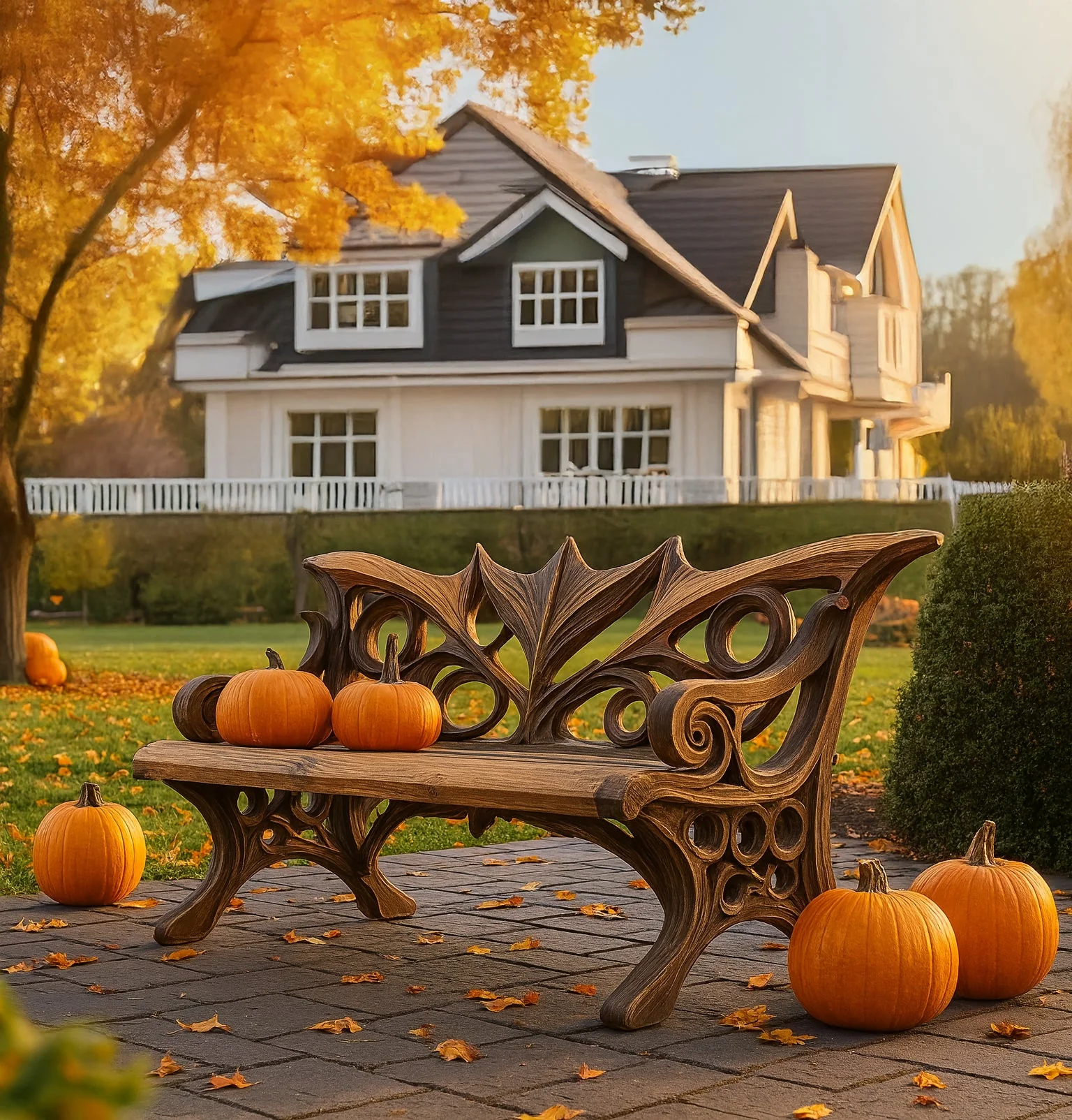 Rustieke Buitenbank – Handgemaakte Houten Tuinbank in Mid-Century Stijl, Perfect voor Halloween Decoratie